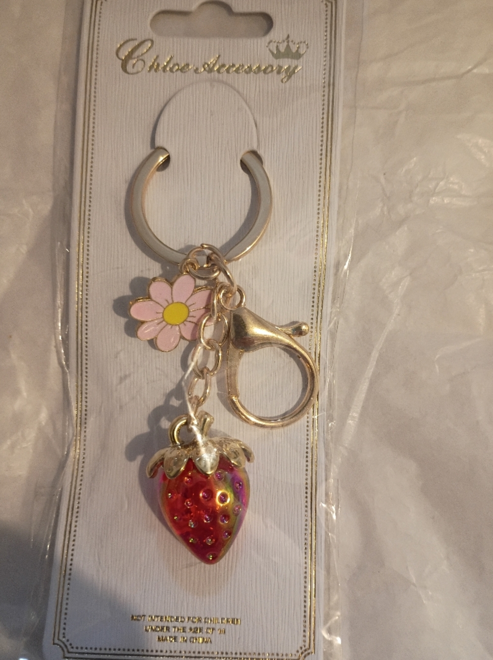 Pink & Red Strawberry Charm Keychain NIP